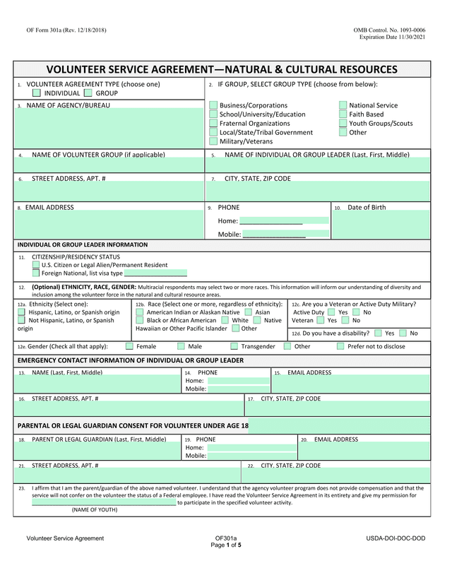 Volunteer Service Agreement OF301a screenshot