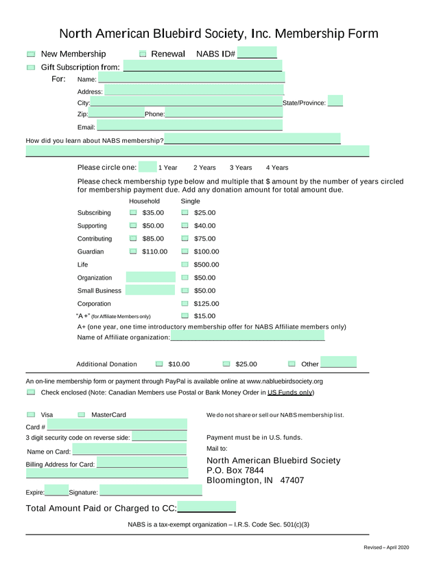 North American Bluebird Society, Inc. Membership Form screenshot