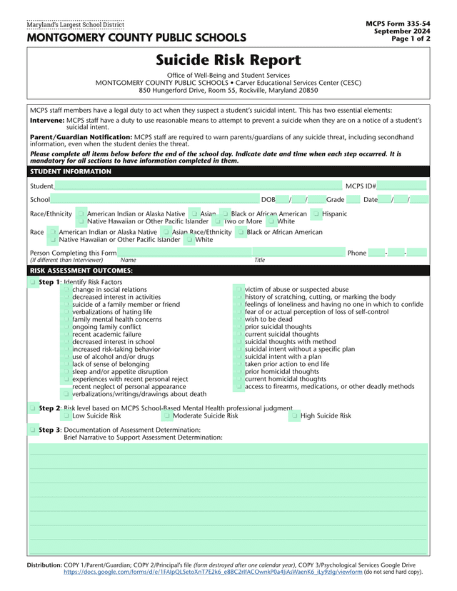 MCPS Student Suicide Risk Assessment Form screenshot
