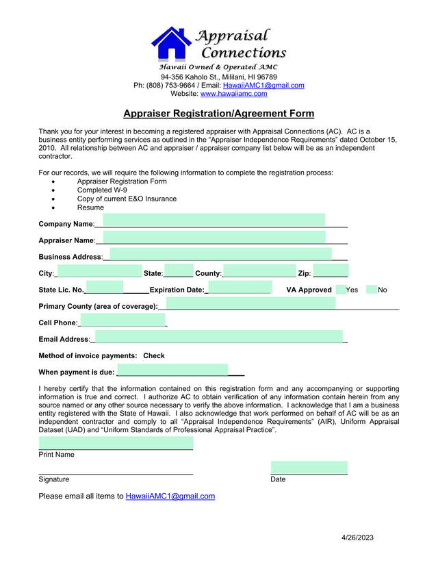 Appraiser RegistrationAgreement Form screenshot
