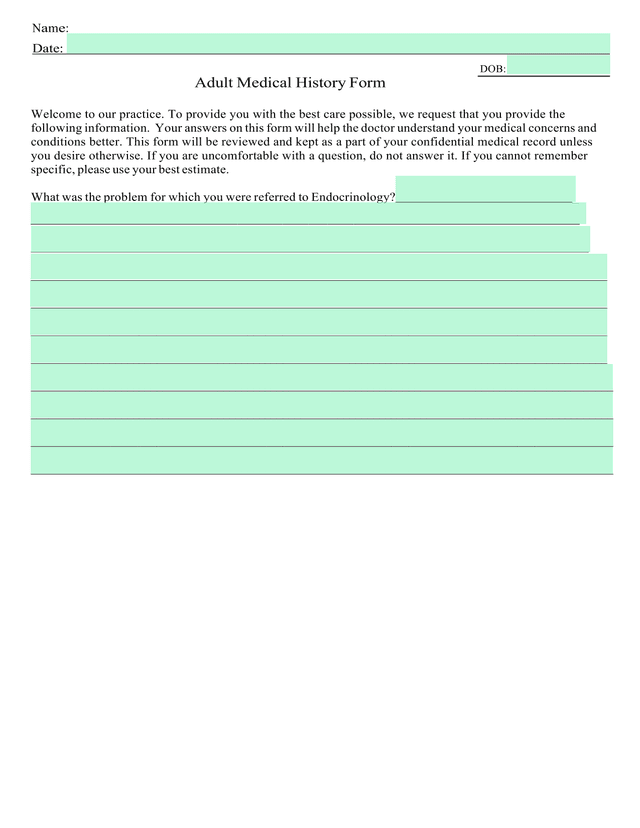 Adult Medical History Form screenshot