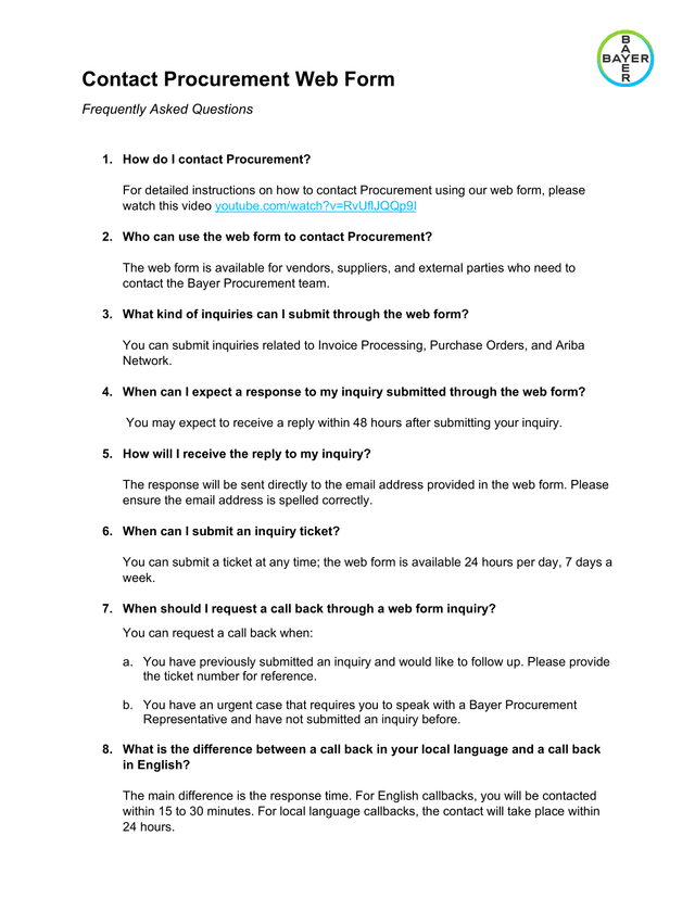 Contact Procurement Web Form Frequently Asked Questions screenshot