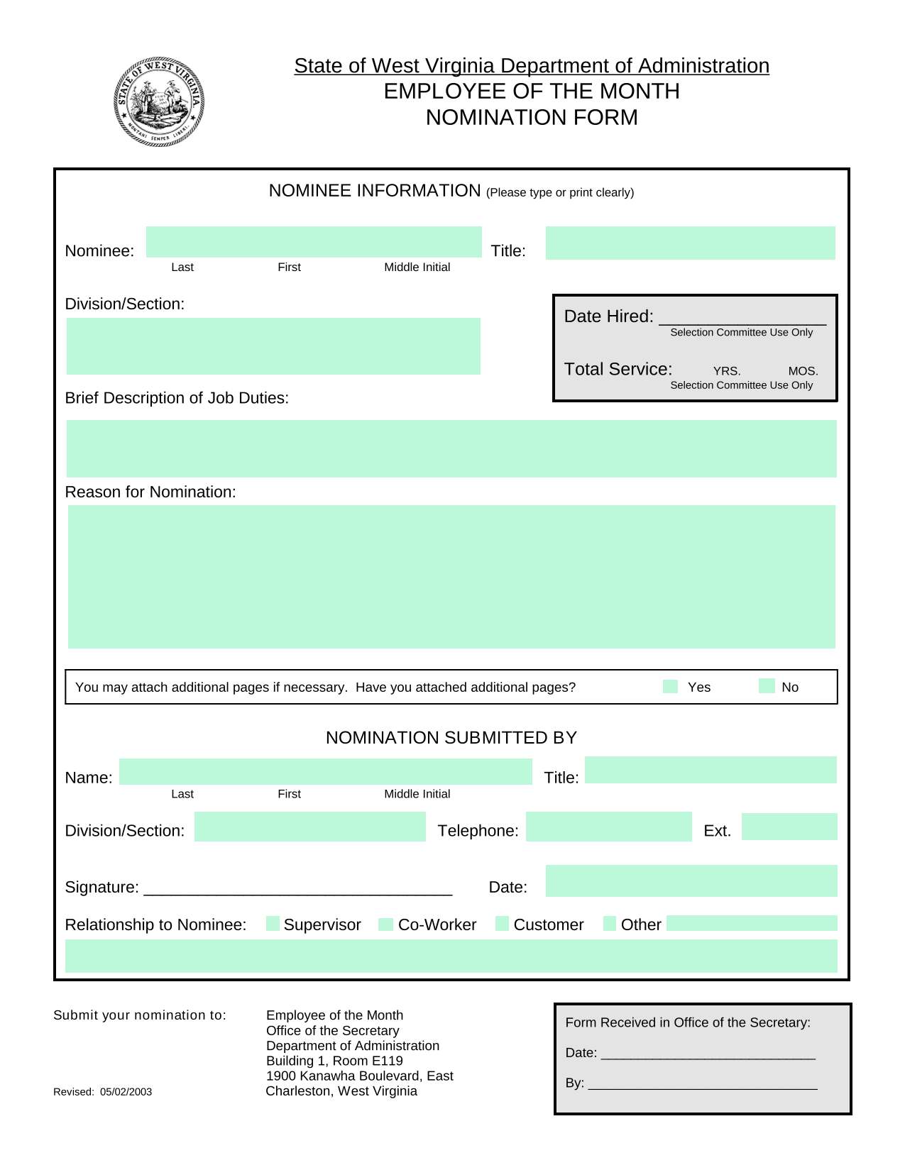 Employee Of The Month Nomination Form screenshot