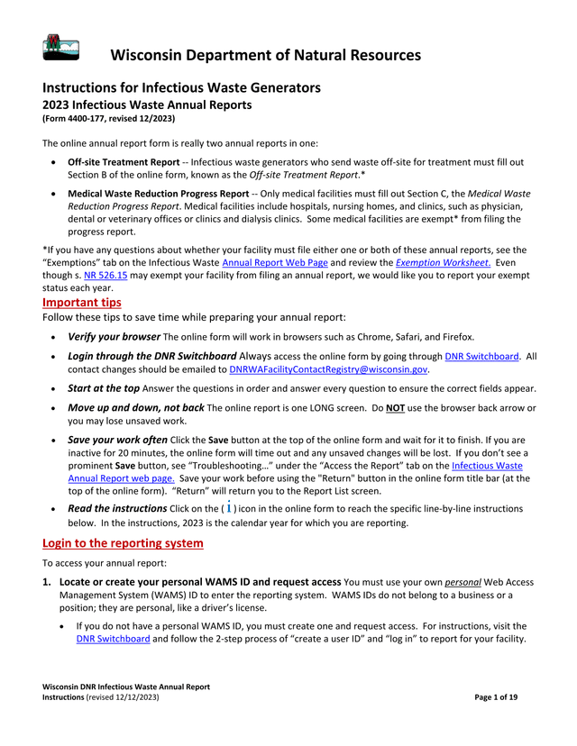 Wisconsin DNR Infectious Waste Annual Report screenshot