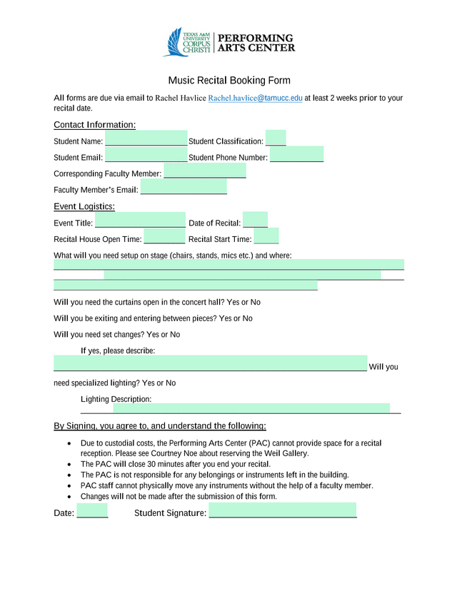 Music Recital Booking Form screenshot
