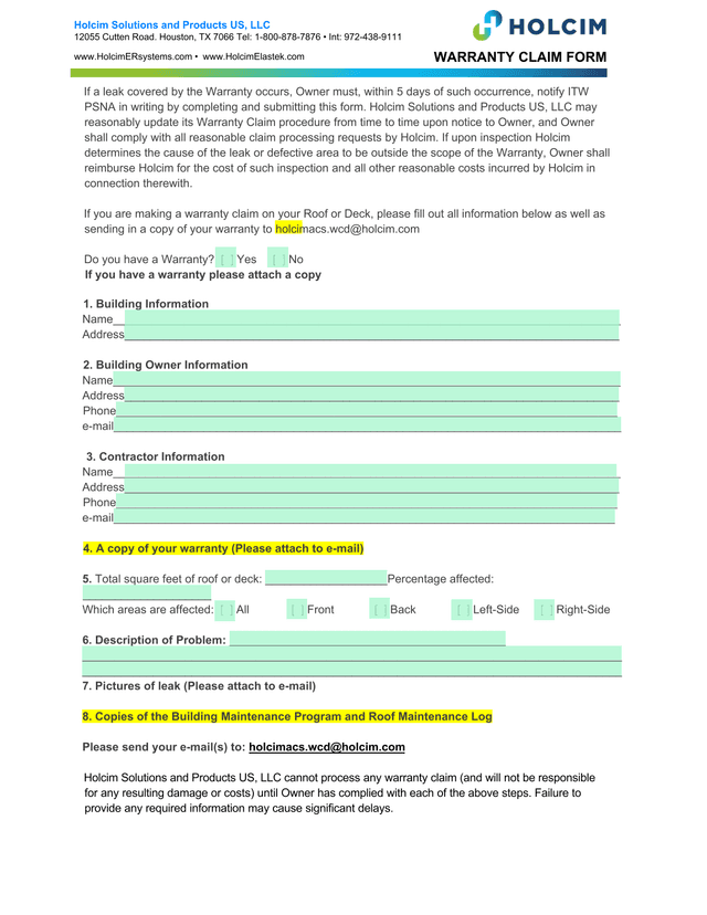 WARRANTY CLAIM FORM screenshot
