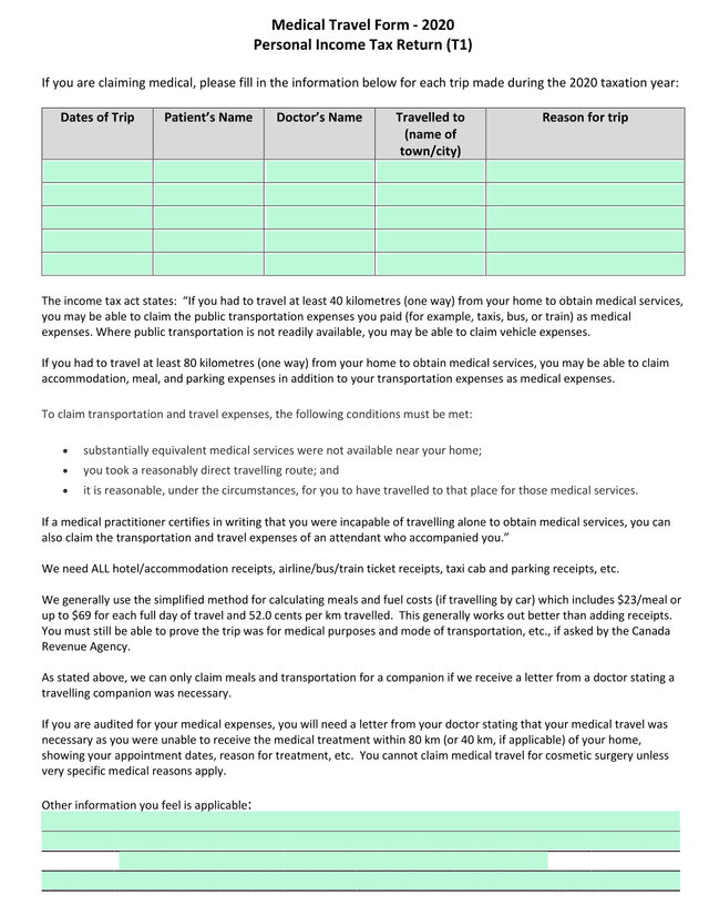 Medical Travel Form   2020 Personal Income Tax Return (T1) screenshot
