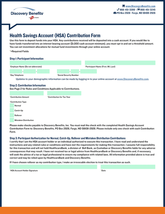 Health Savings Account (HSA) Contribution Form screenshot