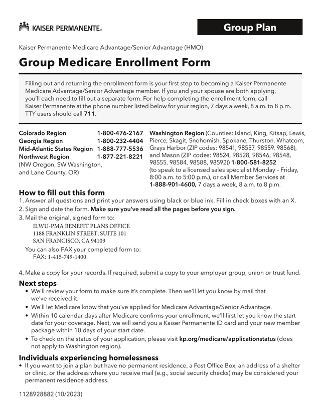 Group Medicare Enrollment Form   Kaiser Permanente Medicare AdvantageSenior Advantage (HMO) screenshot
