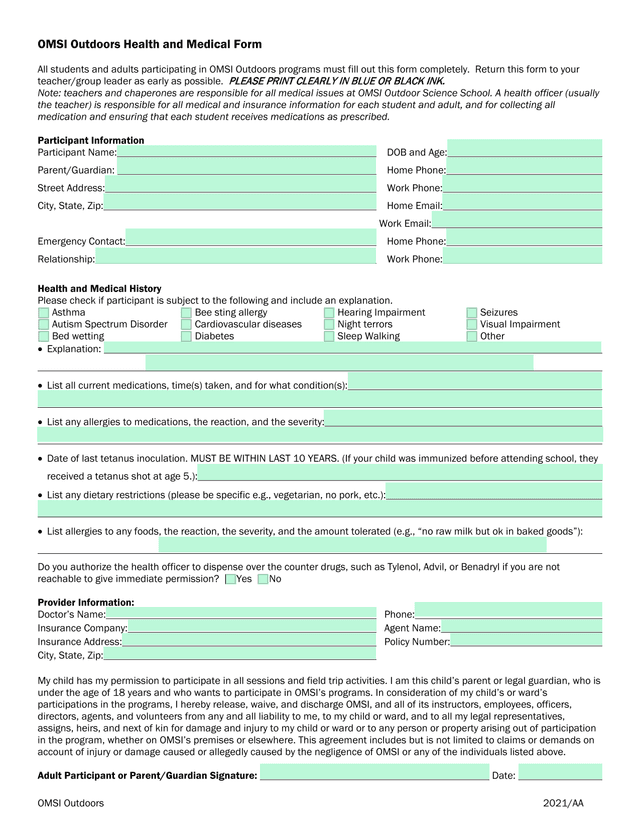 OMSI Outdoors Health And Medical Form screenshot