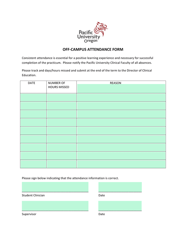 OFF CAMPUS ATTENDANCE FORM screenshot