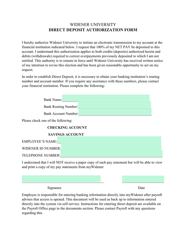 Direct Deposit Authorization Form screenshot