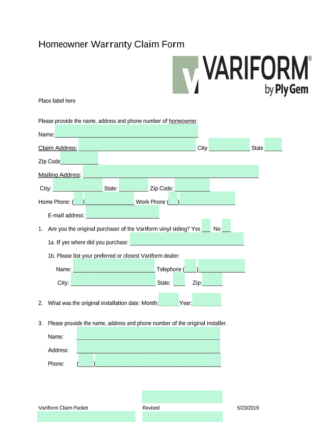 Variform Claim Packet Homeowner Warranty Claim Form screenshot