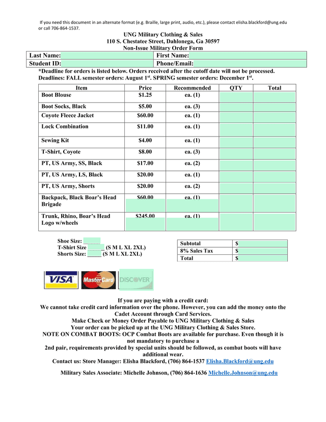 Non Issue Military Order Form screenshot