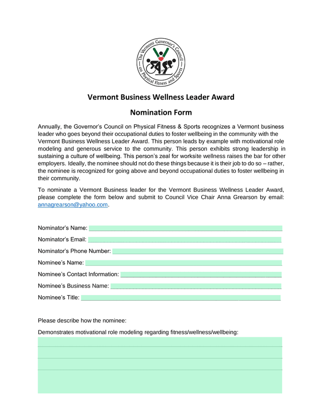 Vermont Business Wellness Leader Award Nomination Form screenshot