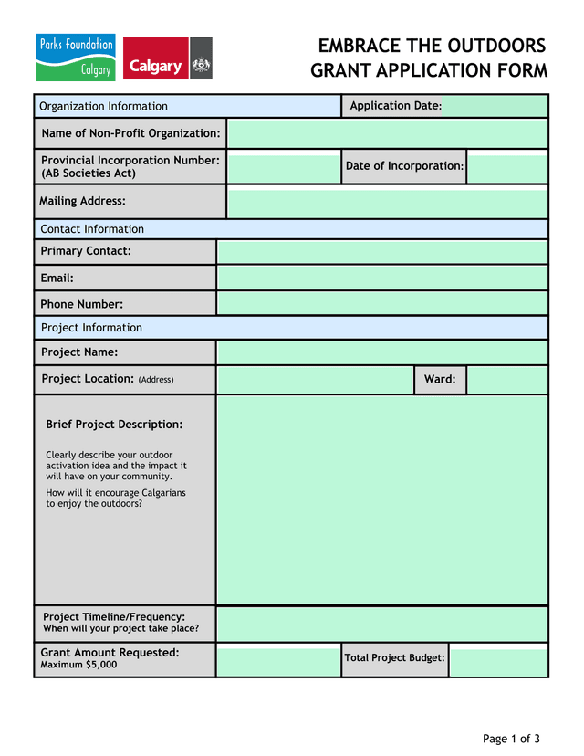 Embrace The Outdoors Grant Application Form screenshot