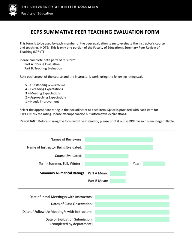 ECPS Summative Peer Teaching Evaluation Form screenshot