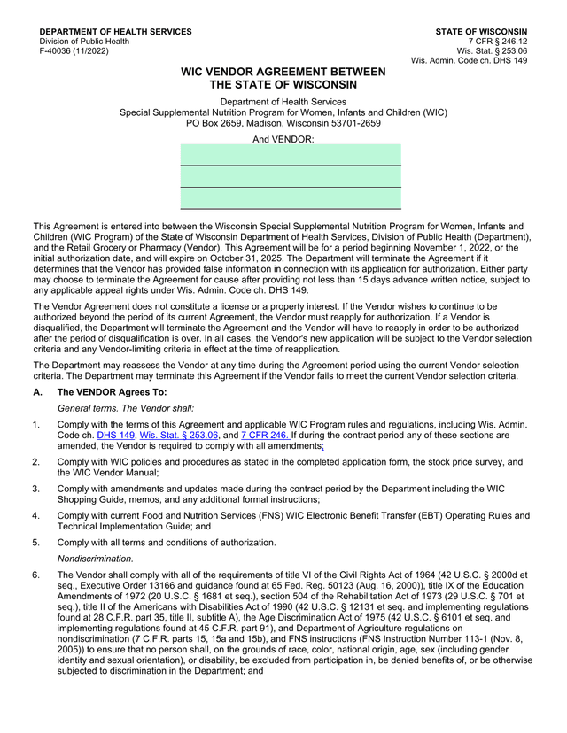 WIC Vendor Agreement screenshot