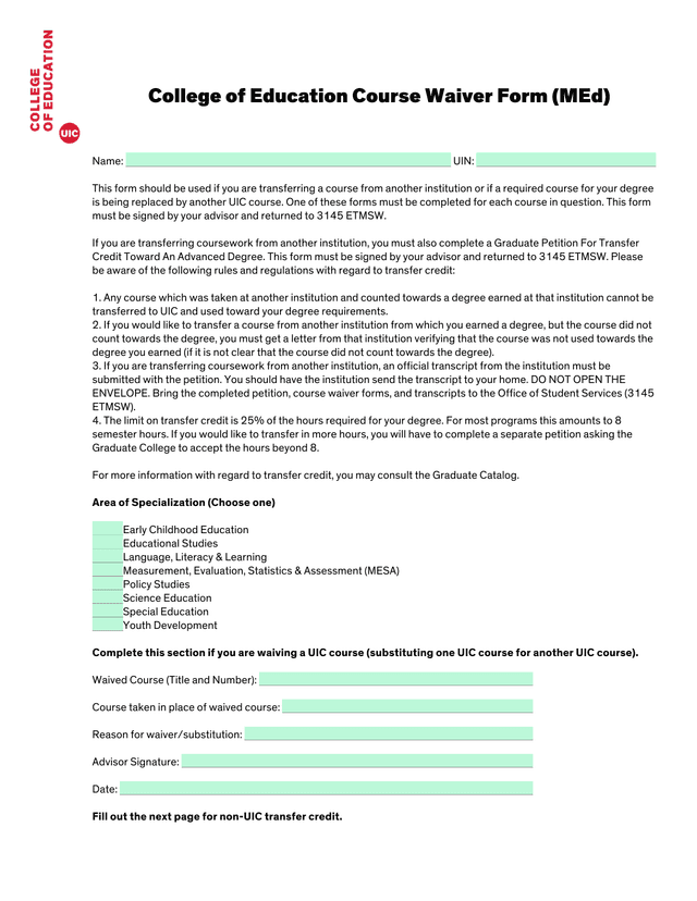 College Of Education Course Waiver Form (MEd) screenshot
