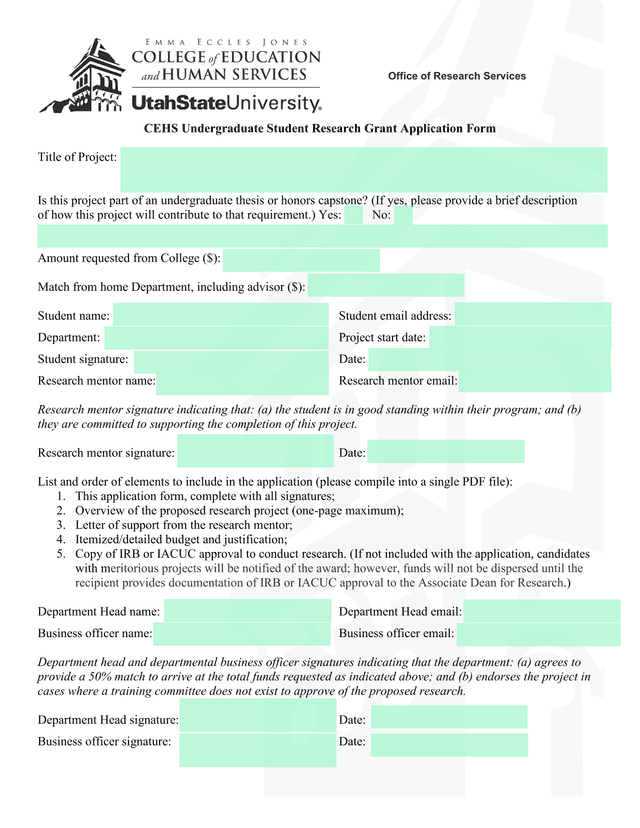 CEHS Undergraduate Student Research Grant Application Form screenshot