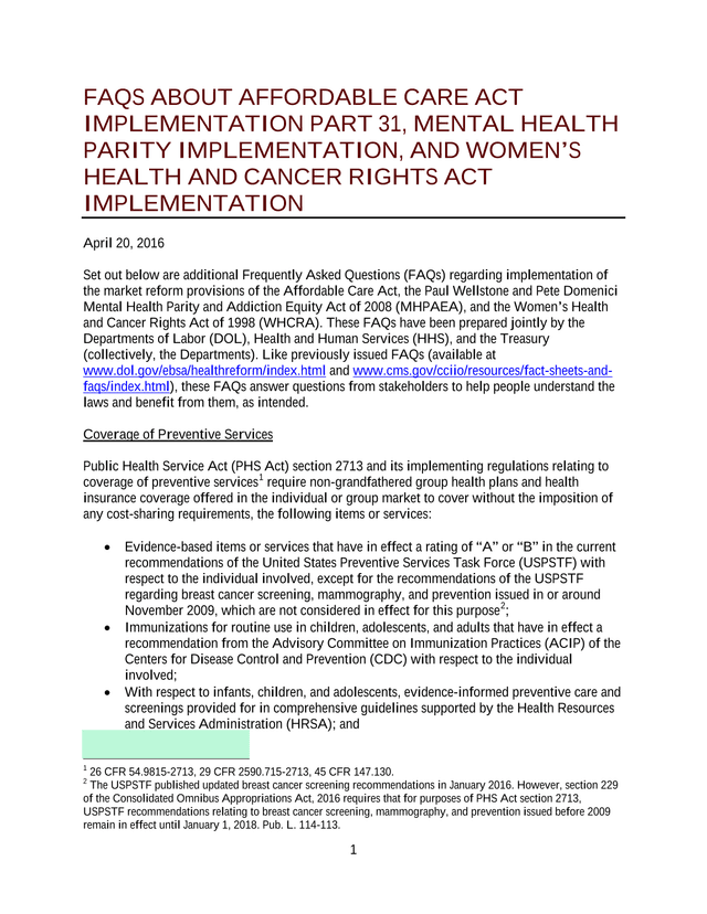 FAQs About Affordable Care Act Implementation Part 31, Mental Health Parity Implementation, And Wome screenshot