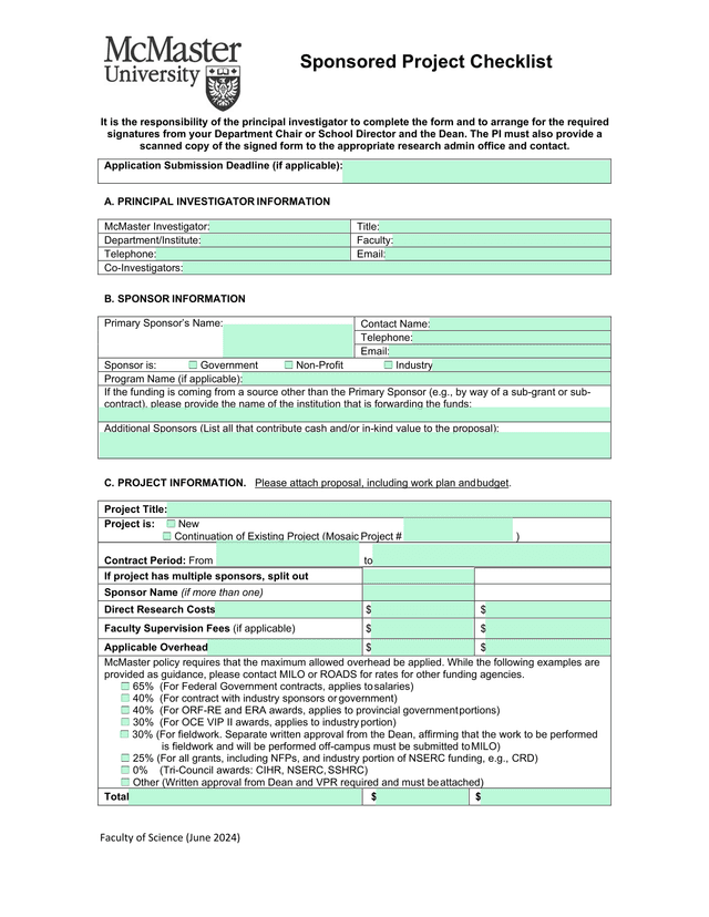Faculty Of Science Sponsored Project Checklist screenshot