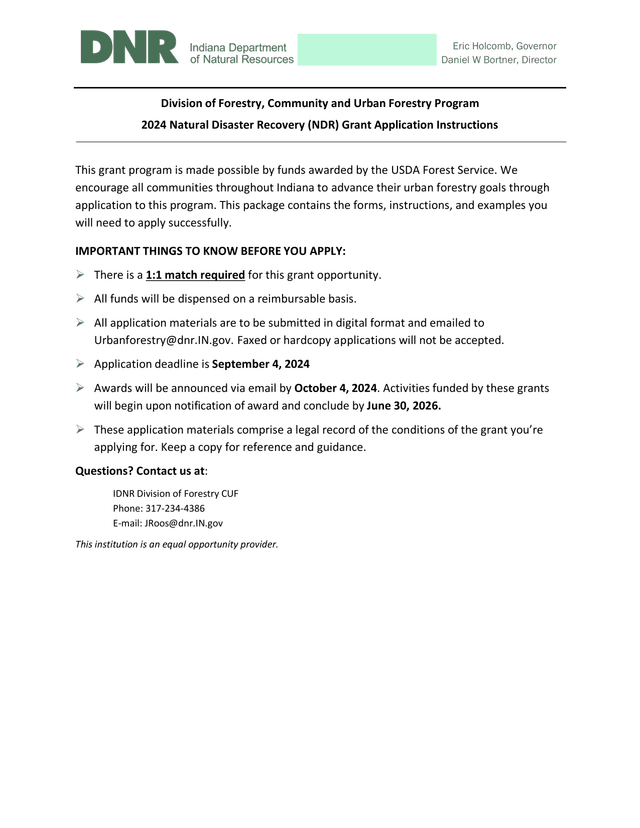 2024 Natural Disaster Recovery (NDR) Grant Application Instructions screenshot