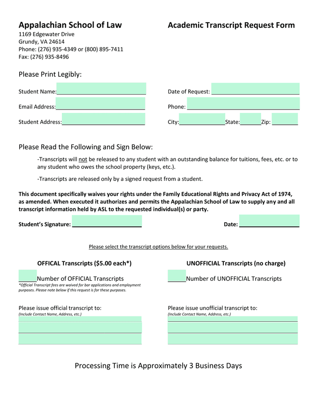 Academic Transcript Request Form screenshot