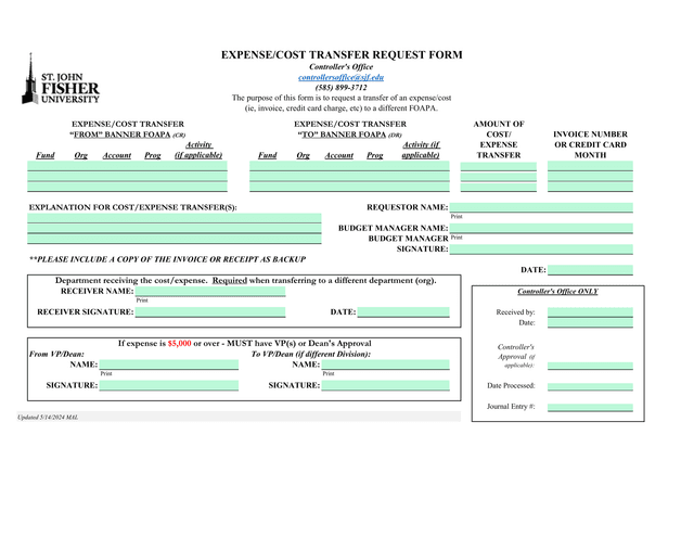 EXPENSECOST TRANSFER REQUEST FORM screenshot