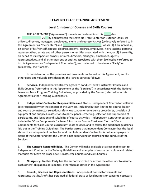 Leave No Trace Training Agreement screenshot