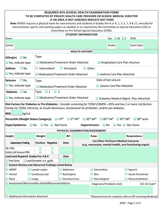 NYS School Health Examination Form screenshot