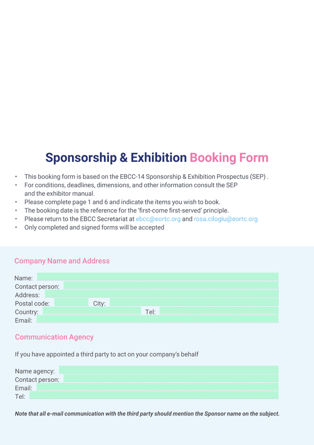 Sponsorship  Exhibition Booking Form screenshot