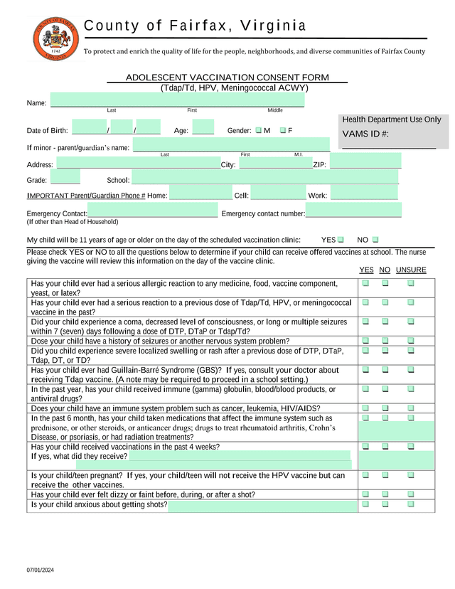 Adolescent Vaccination Consent Form (TdapTd, HPV, Meningococcal ACWY) screenshot