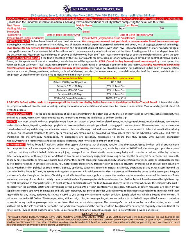 BOOKING CONTRACT FORM  AAPI GOVERNING BODY MEETING CARIBBEAN CRUISE screenshot