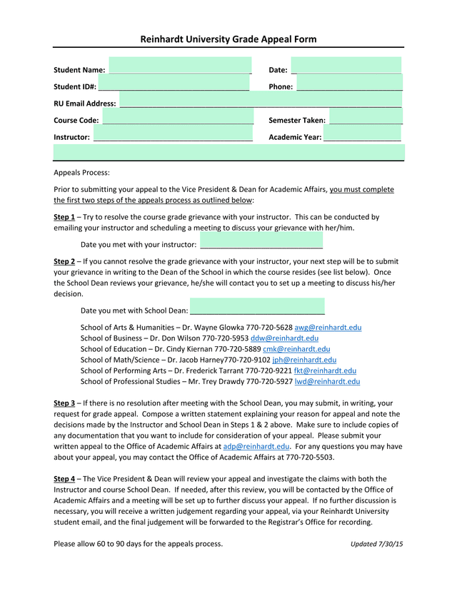 Reinhardt University Grade Appeal Form screenshot