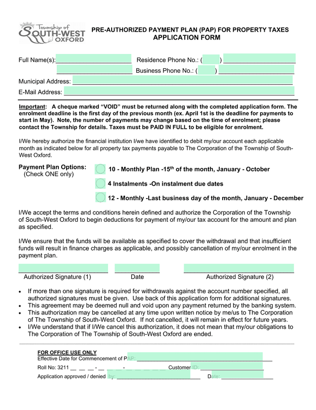 PRE AUTHORIZED PAYMENT PLAN (PAP) FOR PROPERTY TAXES APPLICATION FORM screenshot