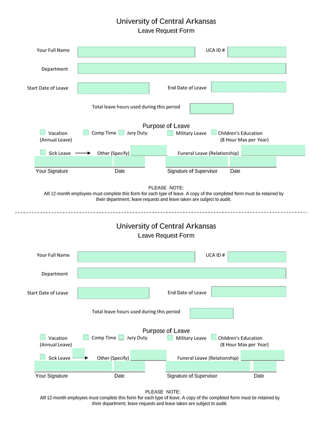 University Of Central Arkansas Leave Request Form screenshot