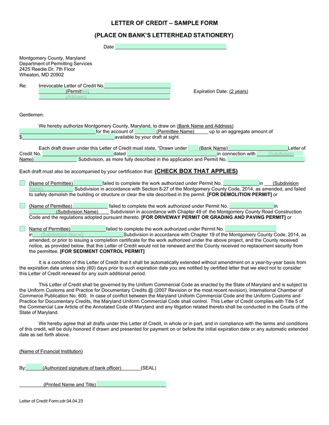 Letter Of Credit   Sample Form screenshot