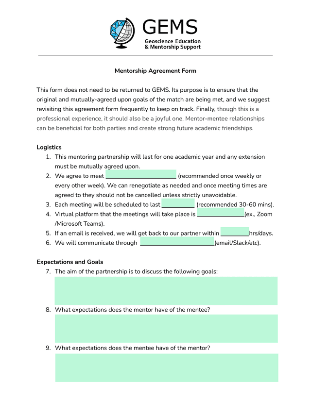 Mentorship Agreement Form screenshot