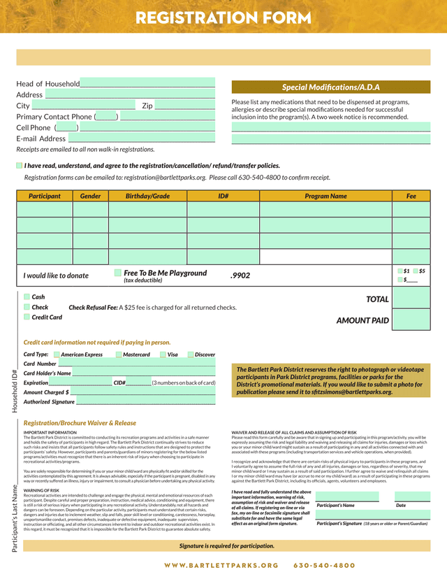 Bartlett Park District Registration Form screenshot