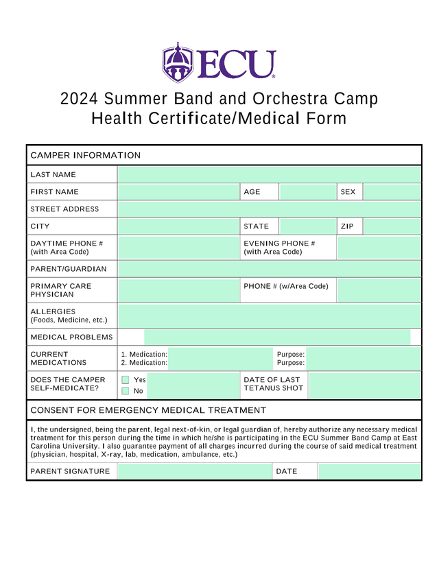 2024 Summer Band And Orchestra Camp Health CertificateMedical Form screenshot
