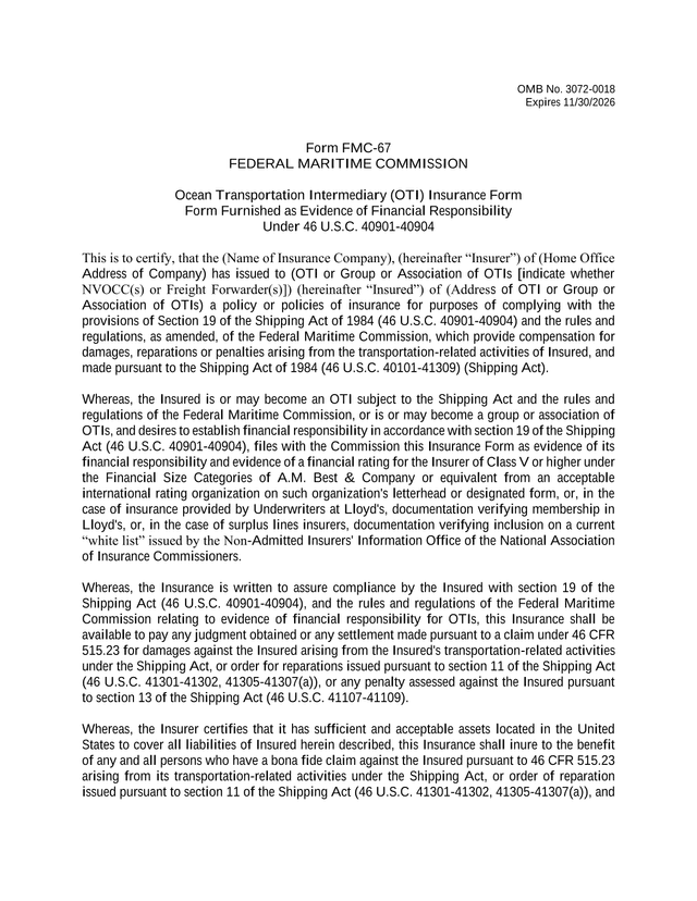 Form FMC 67 Ocean Transportation Intermediary (OTI) Insurance Form screenshot