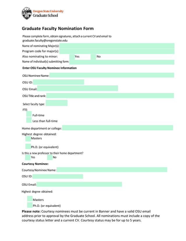 Graduate Faculty Nomination Form screenshot