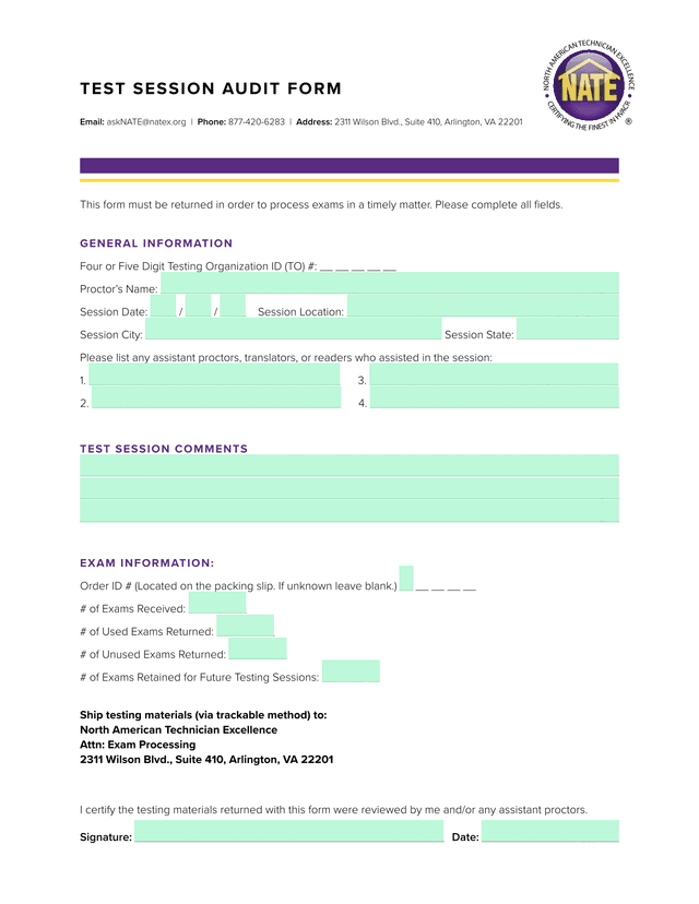 TEST SESSION AUDIT FORM screenshot