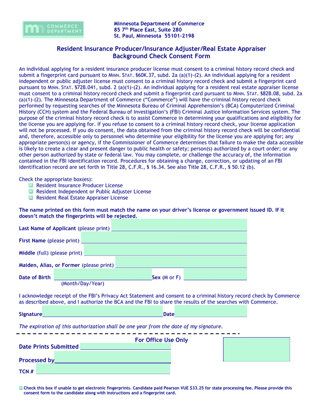 Resident Insurance ProducerInsurance AdjusterReal Estate Appraiser Background Check Consent Form screenshot