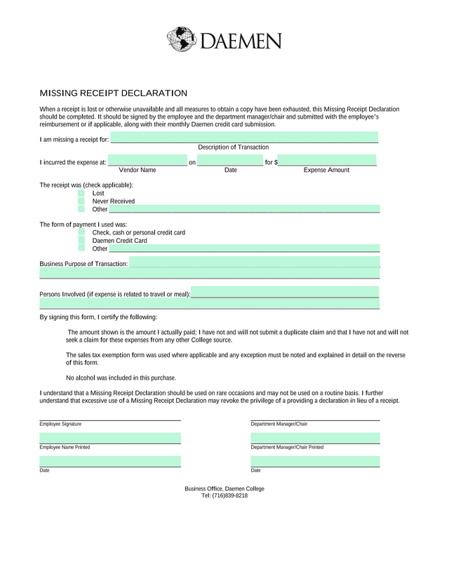 Missing Receipt Declaration screenshot