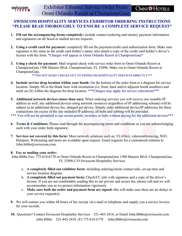 Exhibitor Ethernet Service Order Form screenshot