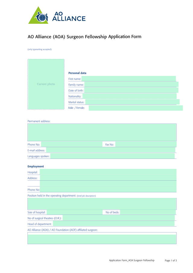 AO Alliance (AOA) Surgeon Fellowship Application Form screenshot