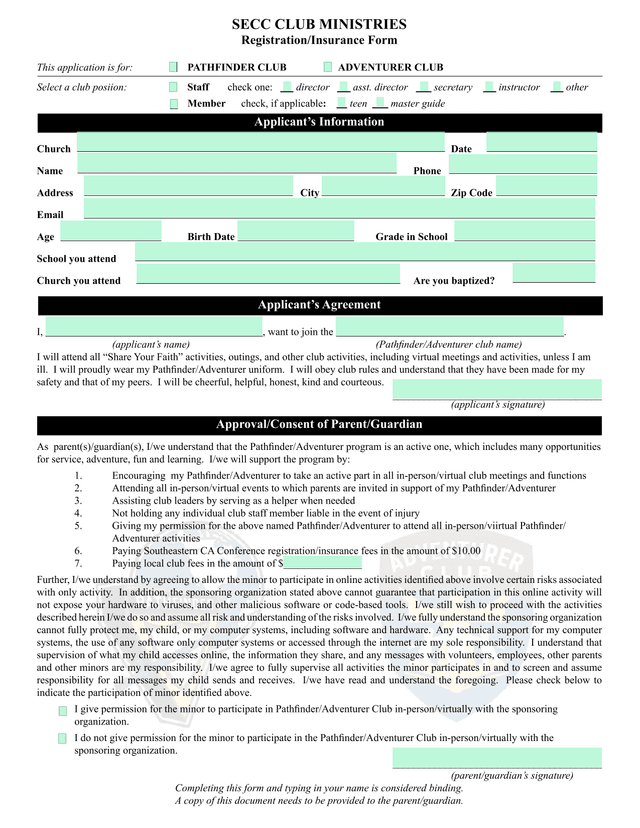 SECC CLUB MINISTRIES RegistrationInsurance Form screenshot