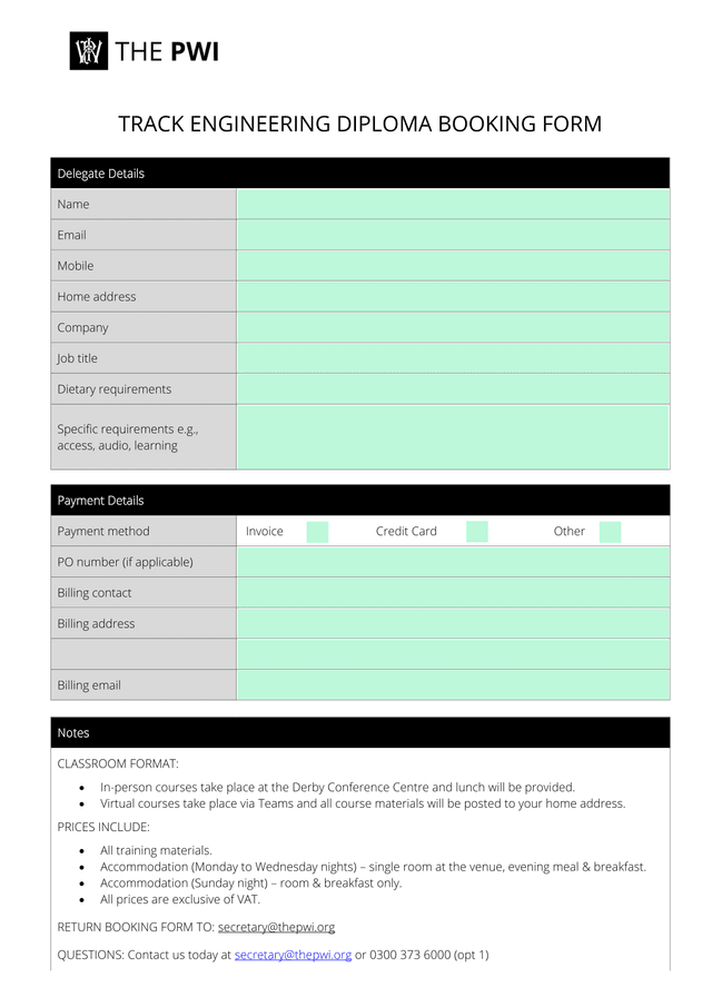 Track Engineering Diploma Booking Form screenshot